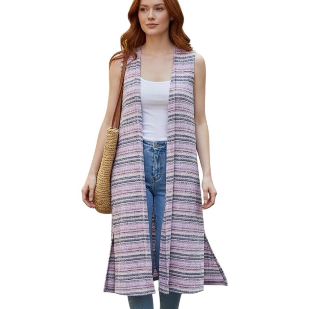 LuLaRoe Small Sleeveless Long Lightweight Cardigan Pink Purple Stripe Layering